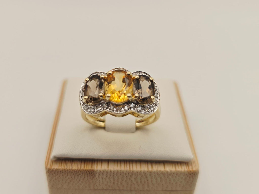 Gold Ring 585 Gold 14KT Rauchquarz Citrin Brillanten Gr 53