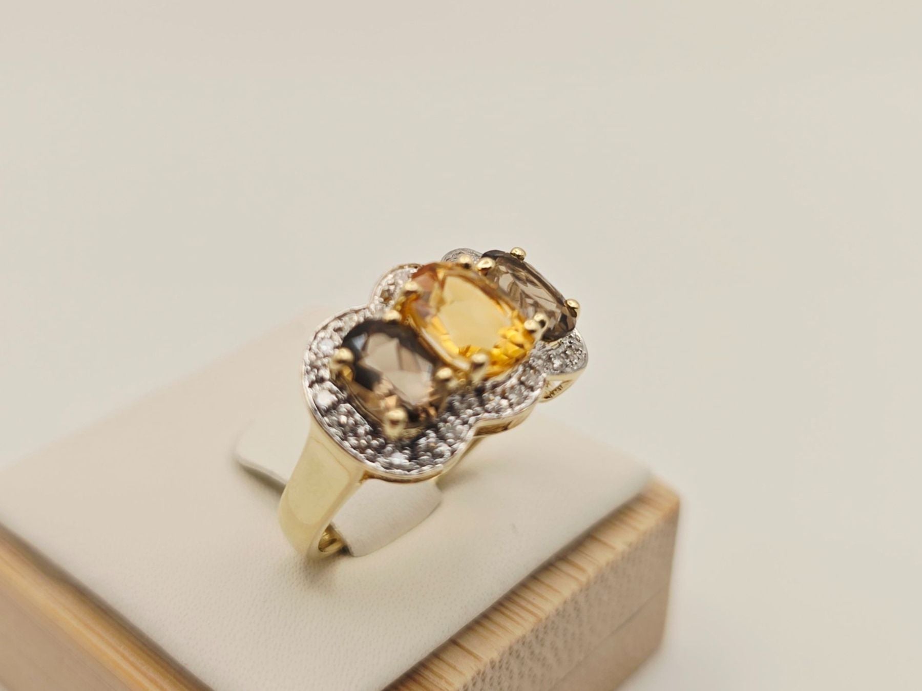 Gold Ring 585 Gold 14KT Rauchquarz Citrin Brillanten Gr 53