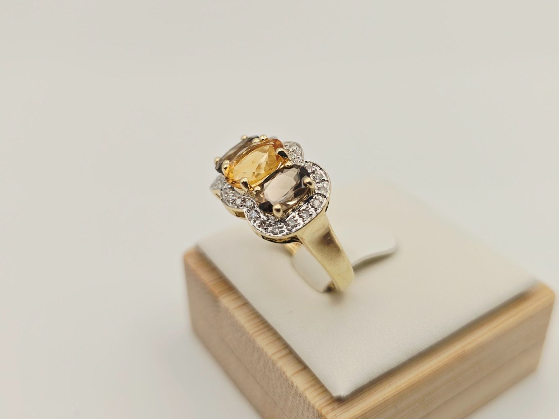Gold Ring 585 Gold 14KT Rauchquarz Citrin Brillanten Gr 53