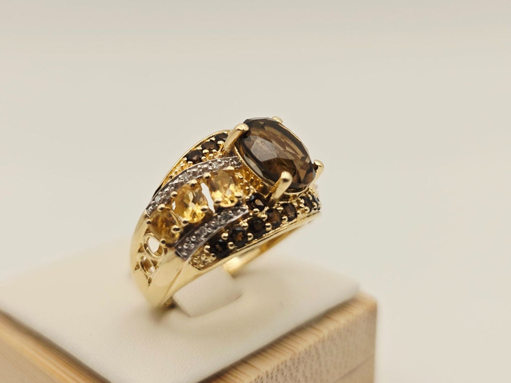 Gold Ring 585 Gold 14KT Rauchquarz Citrin Brillanten Gr 56