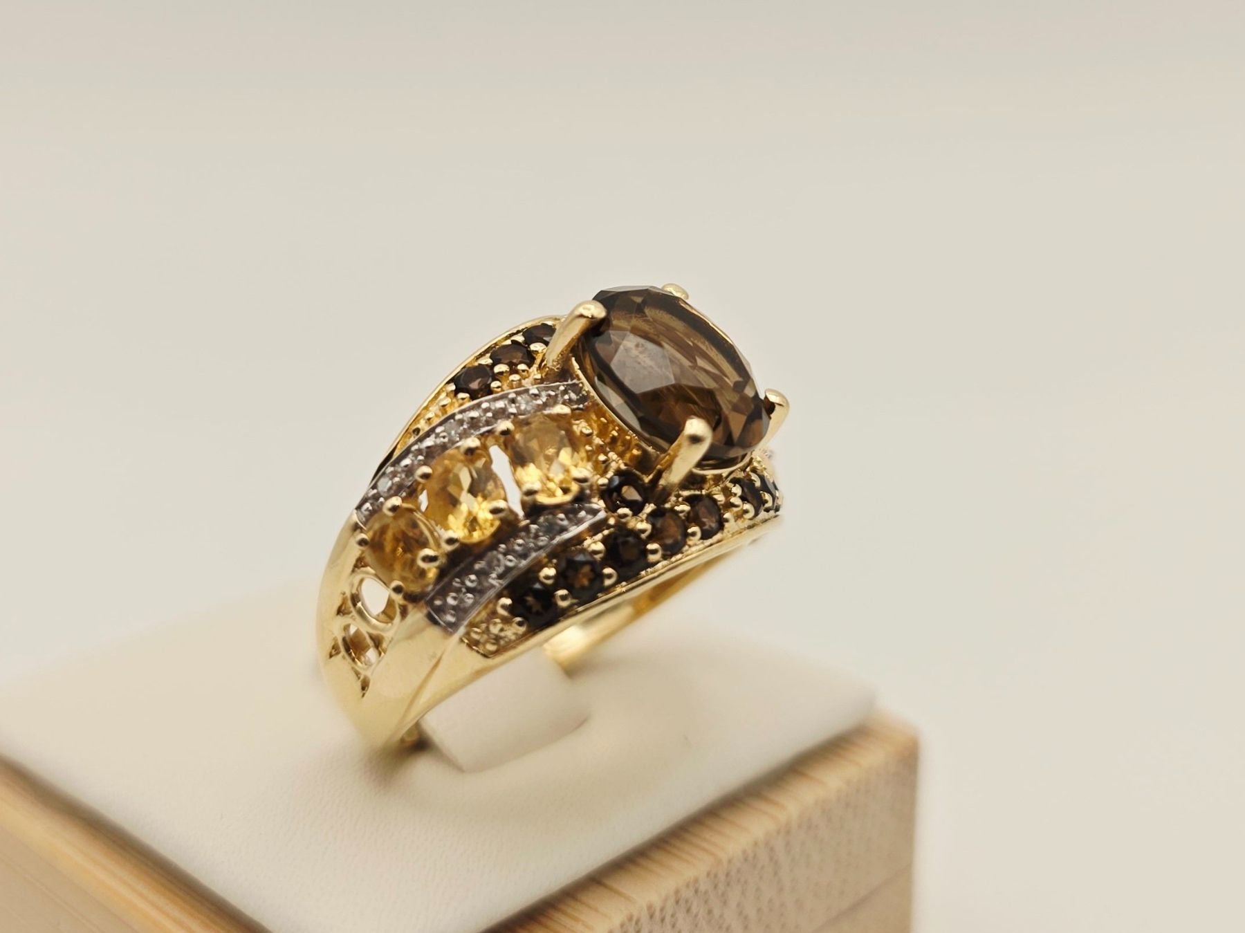 Gold Ring 585 Gold 14KT Rauchquarz Citrin Brillanten Gr 56