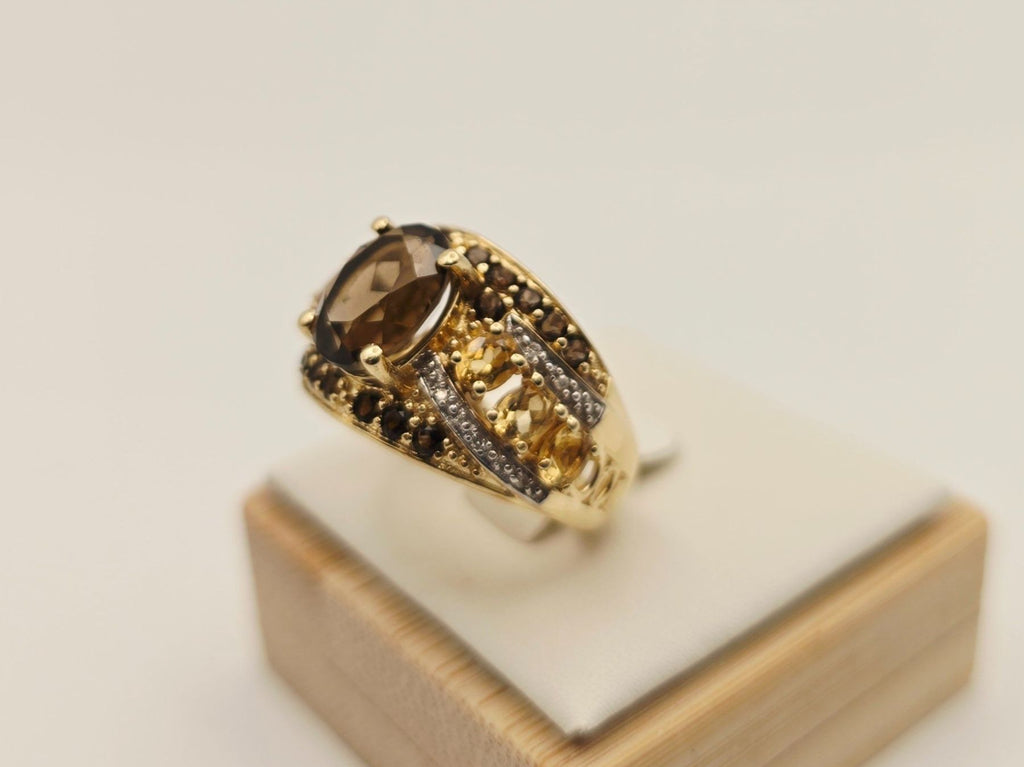 Gold Ring 585 Gold 14KT Rauchquarz Citrin Brillanten Gr 56