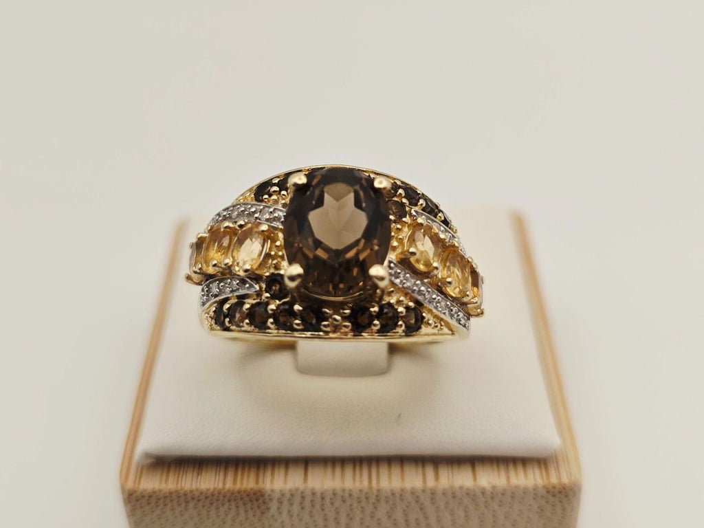 Gold Ring 585 Gold 14KT Rauchquarz Citrin Brillanten Gr 56