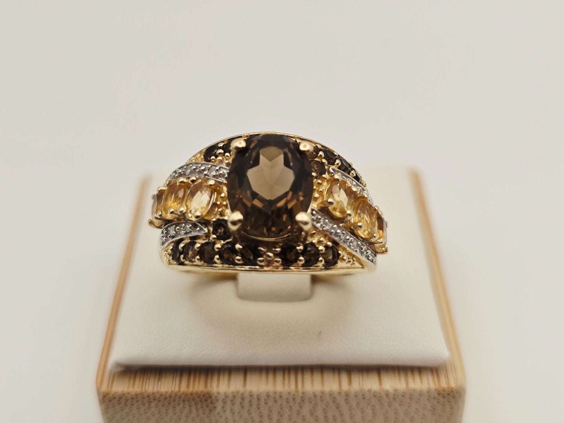 Gold Ring 585 Gold 14KT Rauchquarz Citrin Brillanten Gr 56