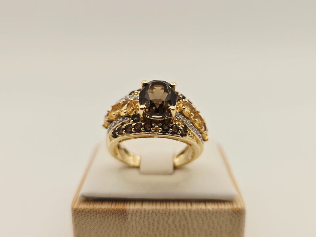 Gold Ring 585 Gold 14KT Rauchquarz Citrin Brillanten Gr 56