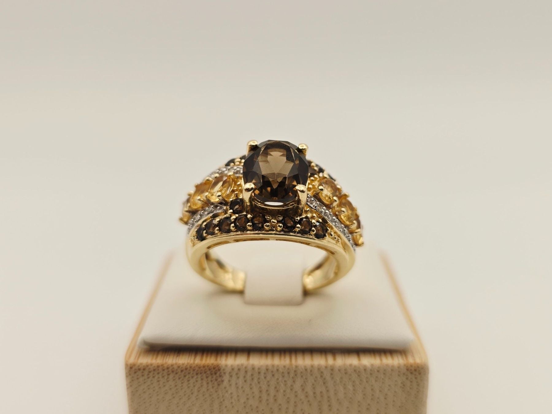 Gold Ring 585 Gold 14KT Rauchquarz Citrin Brillanten Gr 56