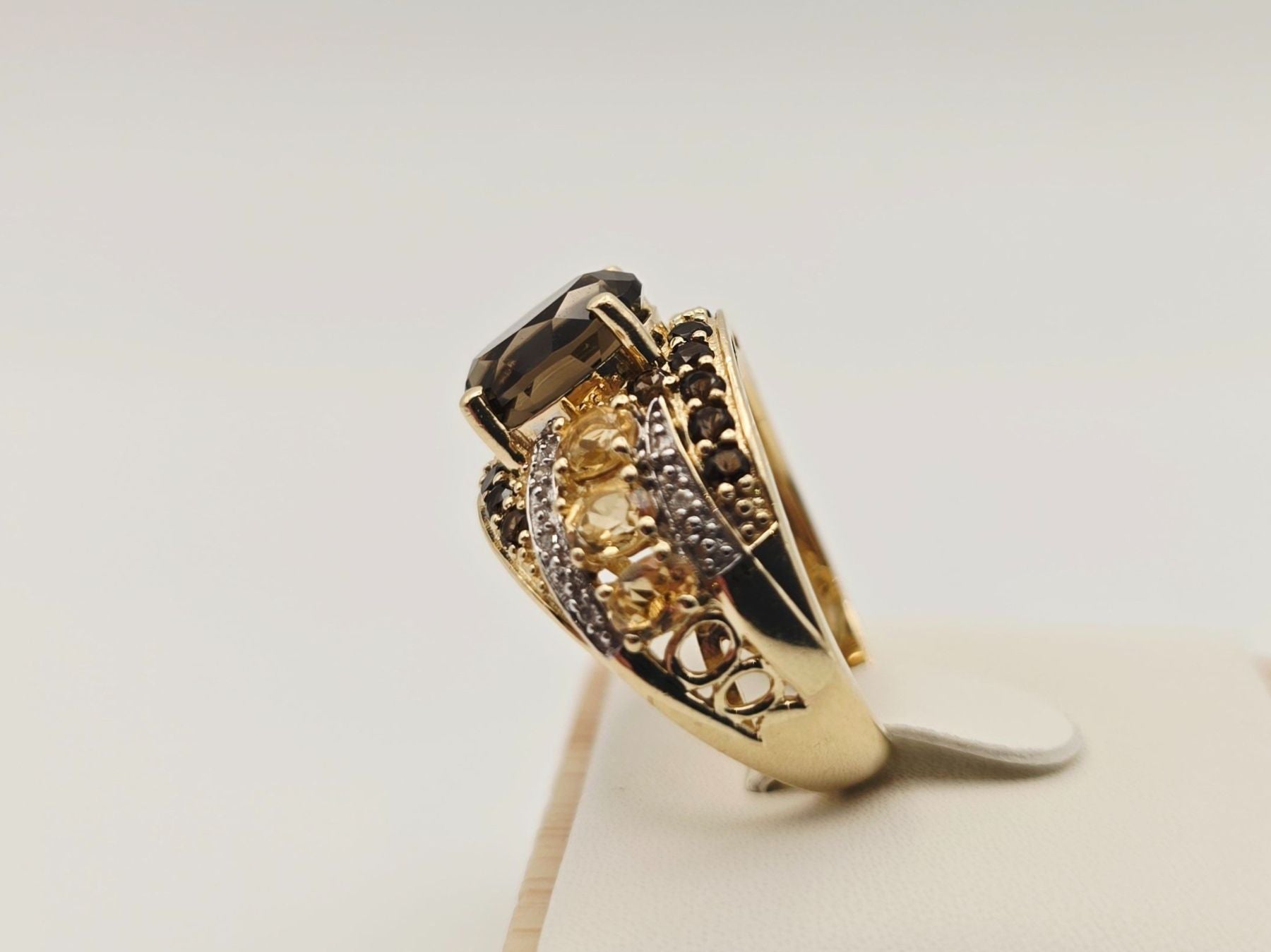 Gold Ring 585 Gold 14KT Rauchquarz Citrin Brillanten Gr 56
